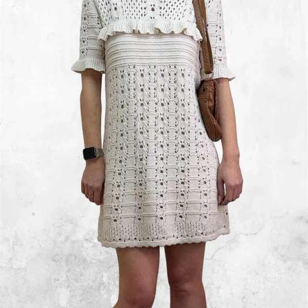 Zara womens Cream Crochet Knit Ruffle Mini Dress UK8-10 Cottagecore Boho Casual