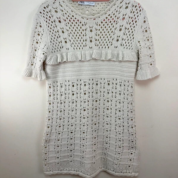 Zara womens Cream Crochet Knit Ruffle Mini Dress UK8-10 Cottagecore Boho Casual