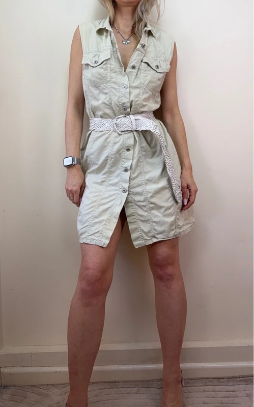 p1-636.jpg Colmar Vintage 90s Utility Safari Button Shirt Fitted Mini Dress Beige UK14-M Y2K Casual Resort - Image 1