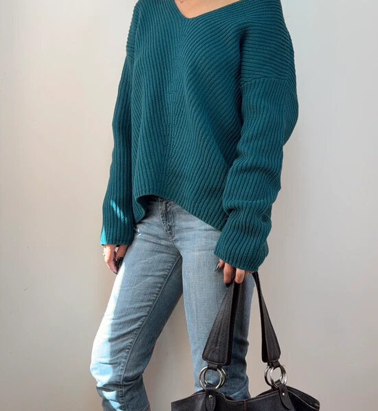 Tentree Womens Green 100% Organic Cotton Oversized Chunky V-Neck Jumper UK 14-16