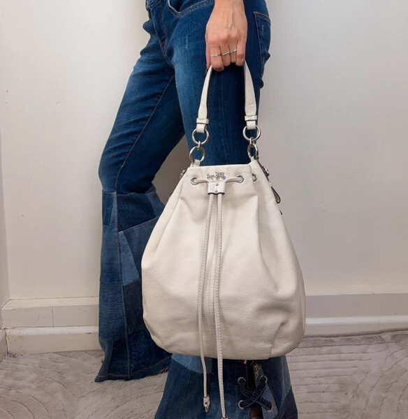 Coach Madison 17016 Ivory Leather Drawstring Shoulder Hobo Bag Slouchy Logo
