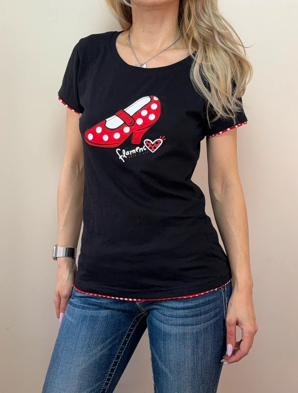 p1-705.jpg Flamenco Black Polka Dot Heel Shoe Graphic T-Shirt Fitted baby tee UK12/14 M Quirky Retro Pin up top - Image 1