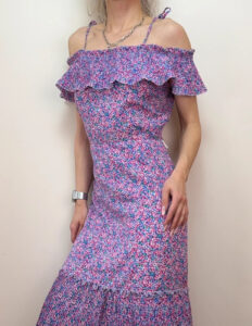 Vintage Pink Floral Pleated Cold Shoulder Midi Ruffle Dress