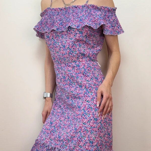 Vintage Pink Floral Pleated Cold Shoulder Midi Ruffle Dress UK8-10/S Fit&Flare Garden Party Romantic
