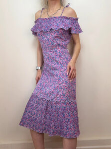 Vintage Pink Floral Pleated Cold Shoulder Midi Ruffle Dress — photo 2 of 15