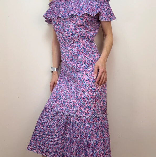 Vintage Pink Floral Pleated Cold Shoulder Midi Ruffle Dress UK8-10/S Fit&Flare Garden Party Romantic