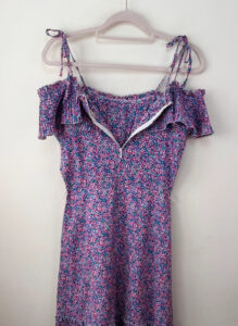 Vintage Pink Floral Pleated Cold Shoulder Midi Ruffle Dress — photo 13 of 15