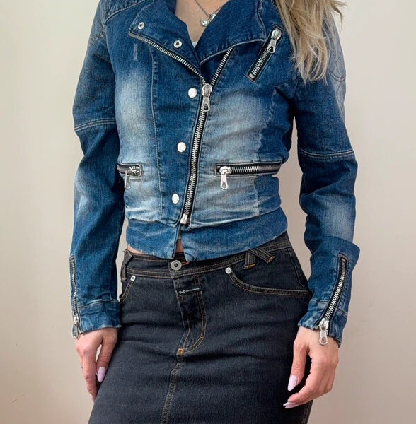 SET womens Denim Moto Zip Fitted Jacket UK12/M Blue Bleached Chunky Quilted