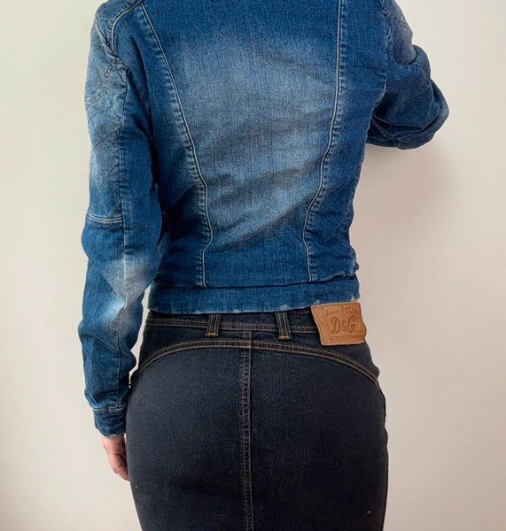 SET womens Denim Moto Zip Fitted Jacket UK12/M Blue Bleached Chunky Quilted