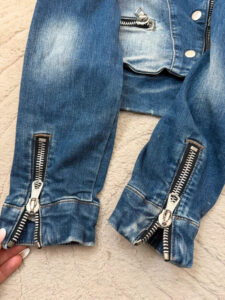 SET womens Denim Moto Zip Fitted Jacket UK12/M Blue Bleached Chunky Quilted - Image 10