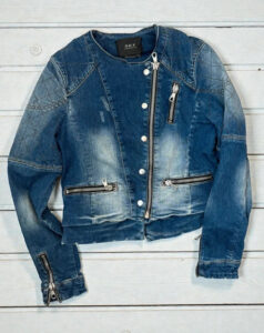 SET womens Denim Moto Zip Fitted Jacket UK12/M Blue Bleached Chunky Quilted - Image 15