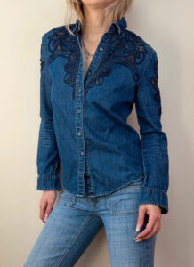 Miss Sixty Women's Embroidered Lace Navy Denim Fitted Button Shirt