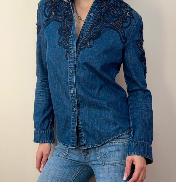 Miss Sixty Womens Embroidered Lace Navy Denim Fitted Button Shirt UK6-8 S