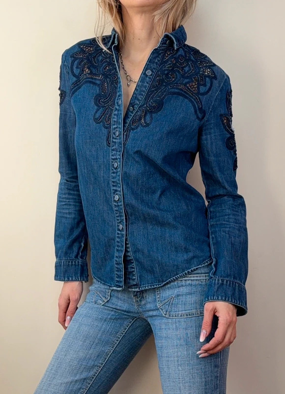 p1-845.jpg Miss Sixty Women's Embroidered Lace Navy Denim Fitted Button Shirt