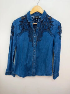 Miss Sixty Women's Embroidered Lace Navy Denim Fitted Button Shirt — photo 2 of 12
