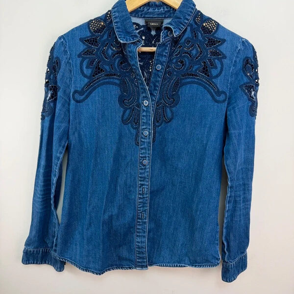 Miss Sixty Womens Embroidered Lace Navy Denim Fitted Button Shirt UK6-8 S