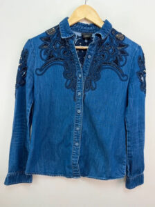 Miss Sixty Women's Embroidered Lace Navy Denim Fitted Button Shirt — photo 6 of 12