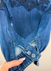 Miss Sixty Women's Embroidered Lace Navy Denim Fitted Button Shirt — photo 9 of 12