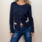 Peter Hahn Womens Pure 100% Cashmere Navy Silver Button Crewneck Cardigan UK14/M