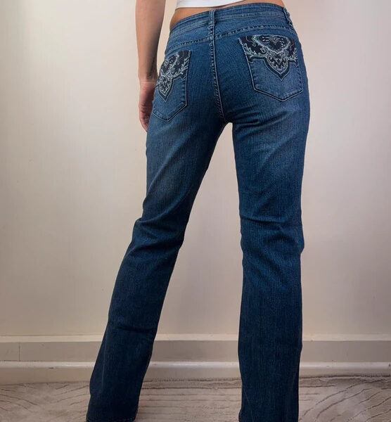 NY&C Womens Curvy Bootcut Embroidered Low Rise 8.5” Navy Jeans UK10/S W31L32