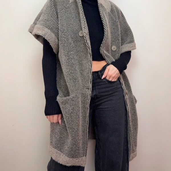 Italian Womens Wool Chunky Knit Button Cardigan Coat Oversized UK8–14 S/M Beige