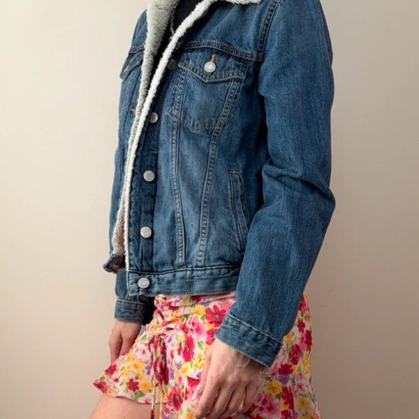 Gap Denim Sherpa Button Trucker Fitted Jacket Blue UK 8/10 S Y2K Western Faux Shearling collar