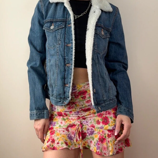 Gap Denim Sherpa Button Trucker Fitted Jacket Blue UK 8/10 S Y2K Western Faux Shearling collar