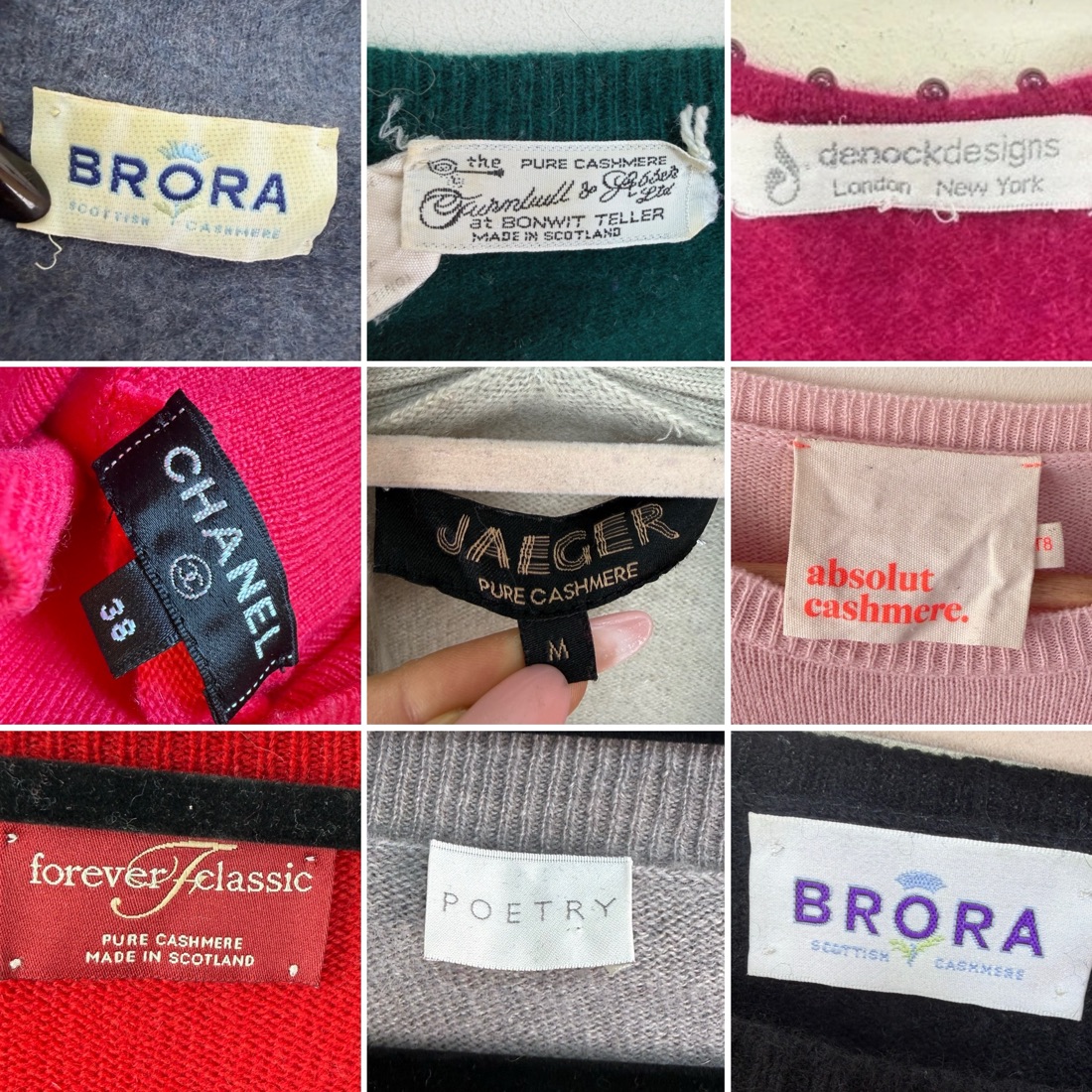 Nine cashmere labels photographed inside the neck: Brora, Turnbull and Asser, Denock Designs, Chanel, Jaeger, Absolut Cashmere, Forever Classic, Poetry and Brora