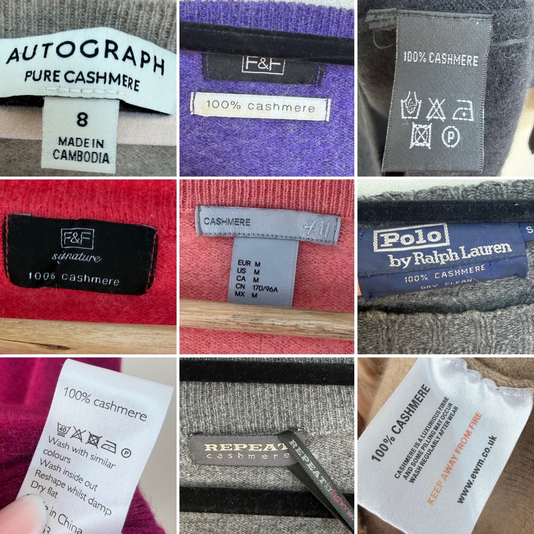 Nine cashmere labels: Autograph, F and F, Polo by Ralph Lauren, Repeat and care labels reading 100 per cent cashmere