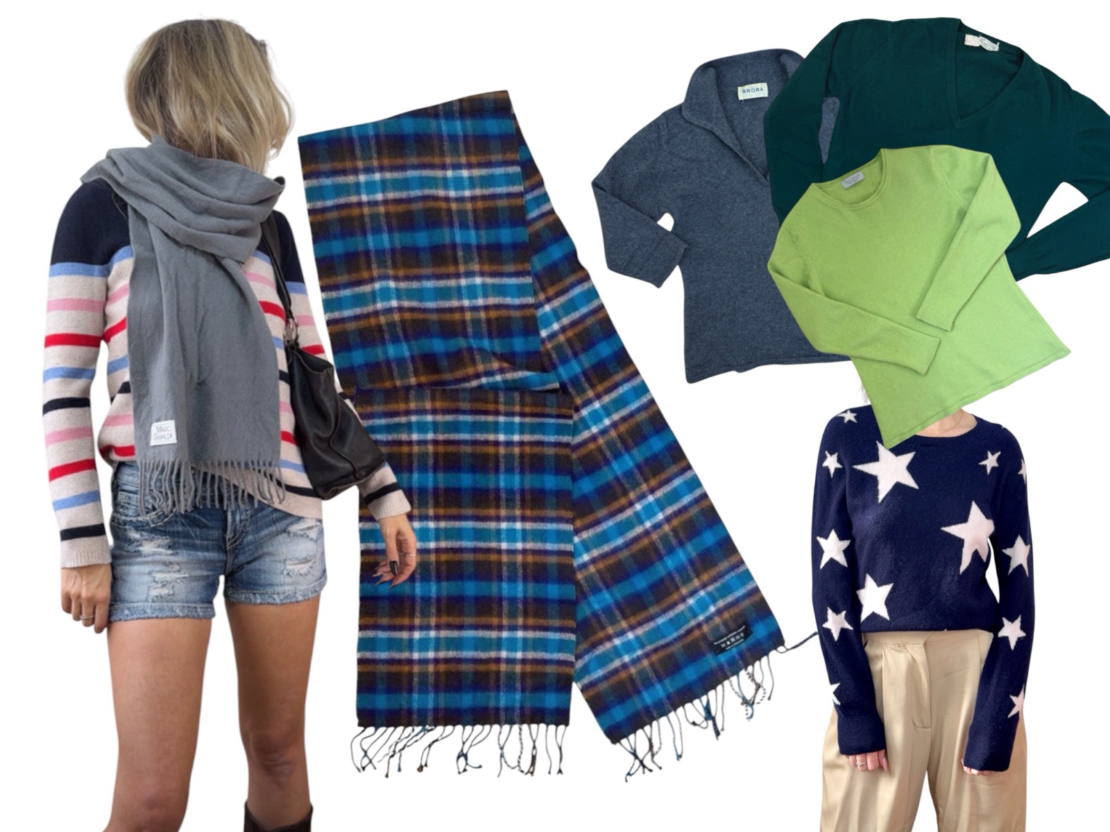 A grey cashmere scarf worn with a striped jumper, a blue tartan cashmere scarf and four cashmere jumpers