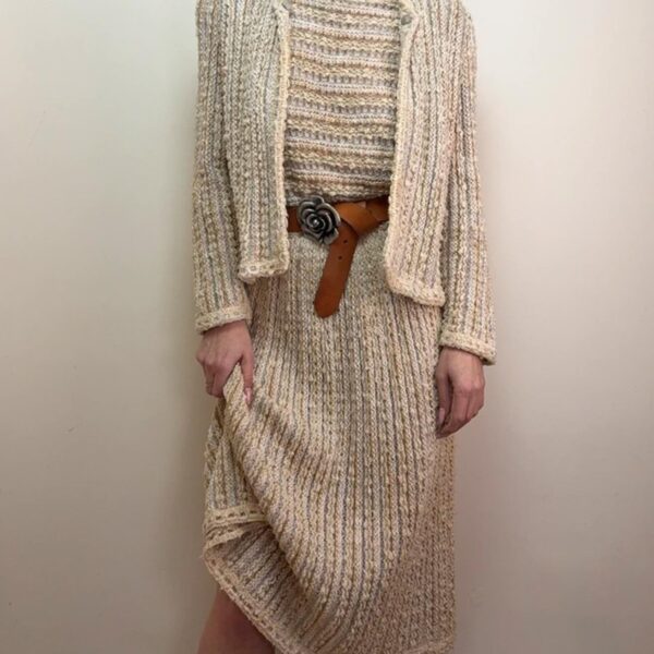 Vintage 80s Lady Be Good cream knit midi dress & cardigan set cottagecore boho