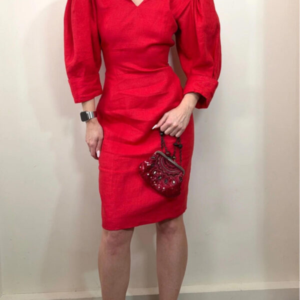 Droopy &Browns by Angela Holmes red linen dress puff sleeve vintage 80s romantic