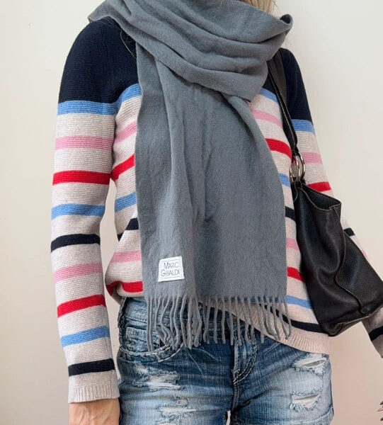 Marc Gibaldi Pure 100% Cashmere Grey Fringe Scarf Minimalist Soft Knit Quiet Luxury