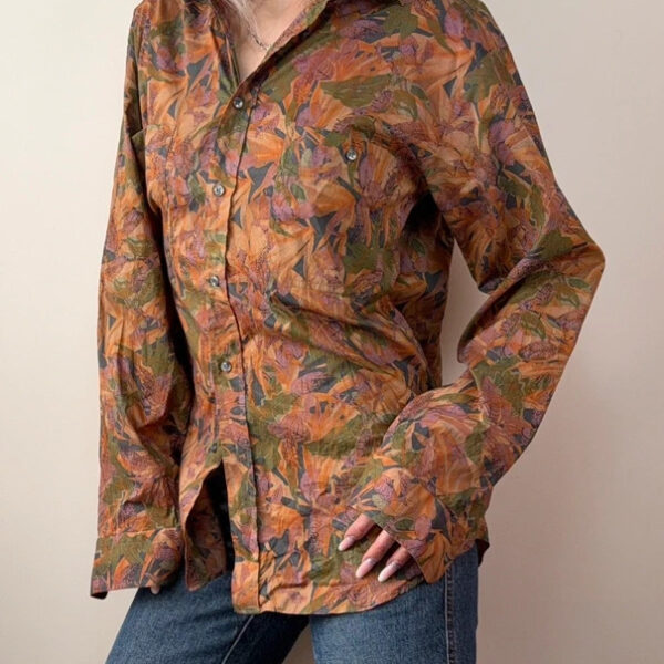 Transformazioni Tessili Floral Rusty Orange 100% Cotton Button Shirt Blouse UK 12-14