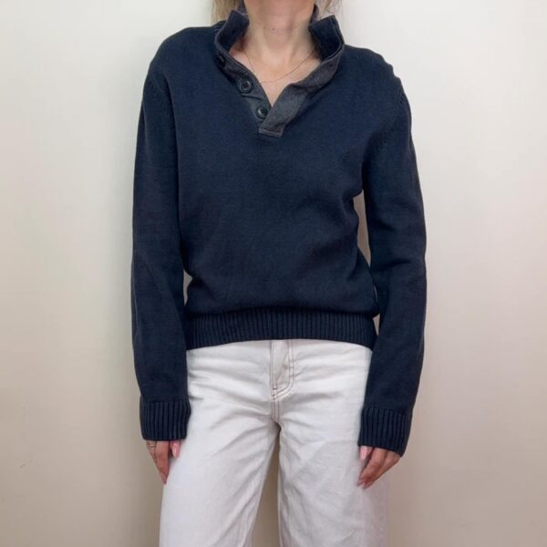 Baumler Navy Button Neck Cotton Knit Quiet Luxury Classic Minimal coastal casual