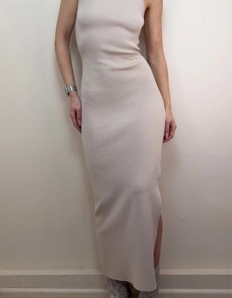 ASOS Tall Womens Beige Nude Knitted Maxi Dress UK 10 Fitted Bodycon Neutral