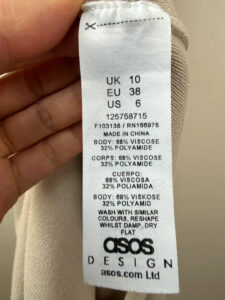 Label on a ASOS piece, UK 10