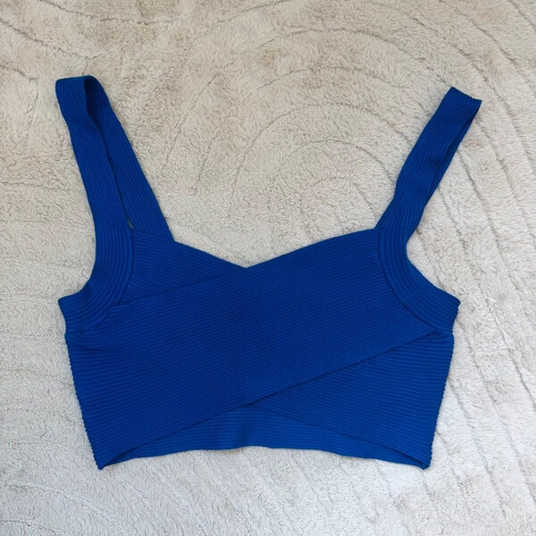Mango Womens Cobalt Blue Ribbed Knit Crossover Crop Top Fitted Bustier UK 10–12