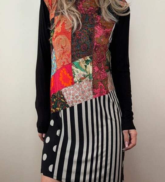 Desigual Womens Black Colourful Patchwork Print Long Sleeve Mini Dress UK 8-10