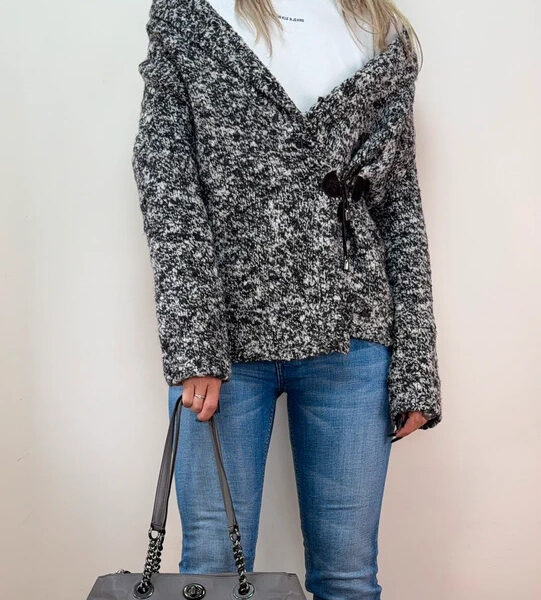Carlo Colucci Womens Merino Wool Wrap Chunky Fitted Cardigan Grey UK 8–10 Knit