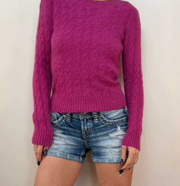 Lord&Taylor Womens 100% cashmere Pink Cable Knit Fitted Crewneck Jumper UK 8-10
