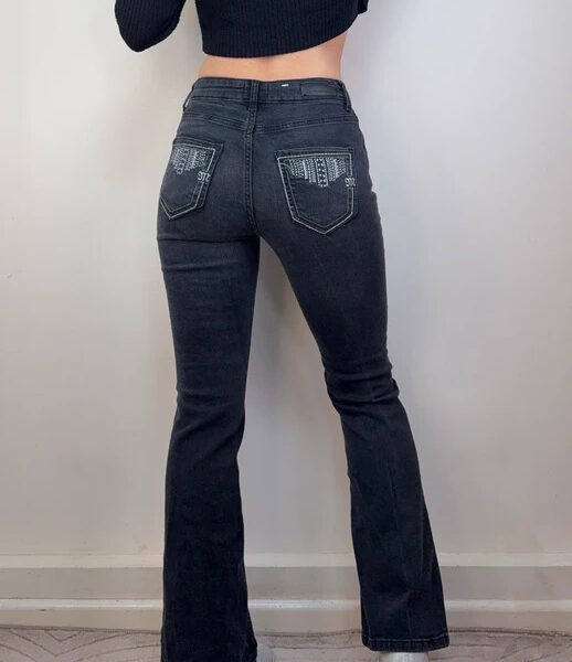 ONLY Womens Low Rise 9” Flared Black Jeans W26 L30 UK8-10 Embroidered Bootcut