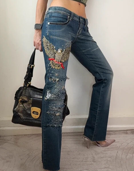 Moschino Women Embroidery Sashiko Patch Low Rise 7.5” W29L31 UK 10 Bootcut Jeans