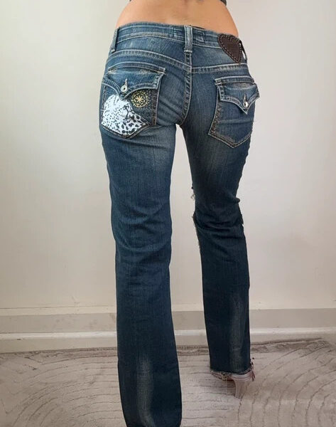 Moschino Women Embroidery Sashiko Patch Low Rise 7.5” W29L31 UK 10 Bootcut Jeans