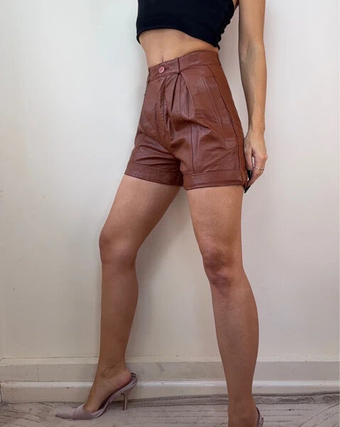 Toffs Womens Leather High Rise 12” W24 L3 Pleated Wide Leg Shorts Brown UK 4-6