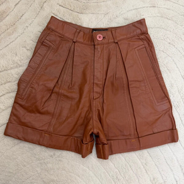 Toffs Womens Leather High Rise 12” W24 L3 Pleated Wide Leg Shorts Brown UK 4-6