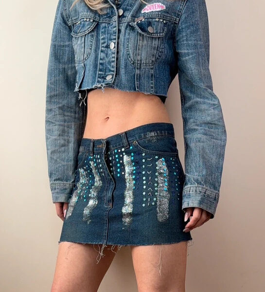 Zoe Womens Low Rise Embellished Denim Mini Skirt UK 8-10 W30 Beaded Sequin Raw