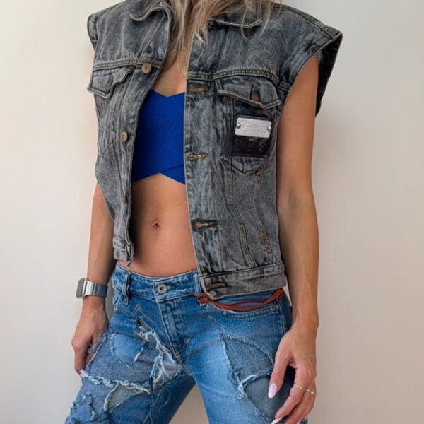 Casucci Womens Ferrari Marlboro Custom Black Denim Biker Button Vest UK 8-10