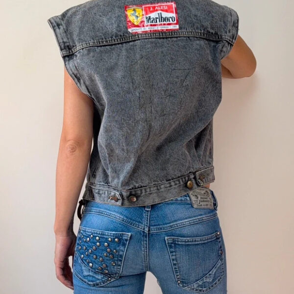 Casucci Womens Ferrari Marlboro Custom Black Denim Biker Button Vest UK 8-10