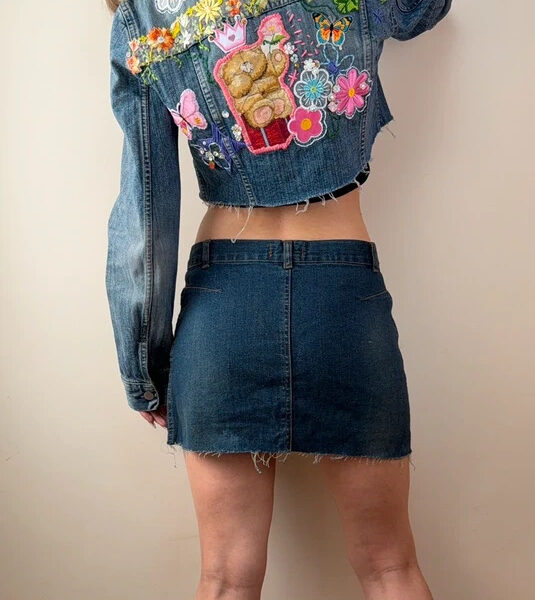 Zoe Womens Low Rise Embellished Denim Mini Skirt UK 8-10 W30 Beaded Sequin Raw